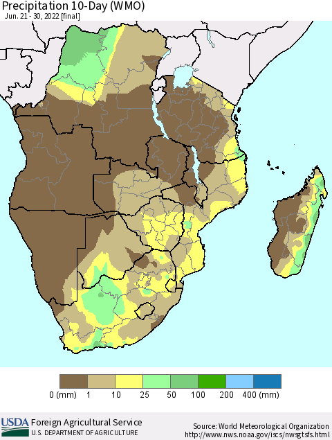 Southern Africa Precipitation 10-Day (WMO) Thematic Map For 6/21/2022 - 6/30/2022