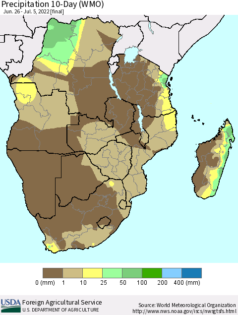 Southern Africa Precipitation 10-Day (WMO) Thematic Map For 6/26/2022 - 7/5/2022
