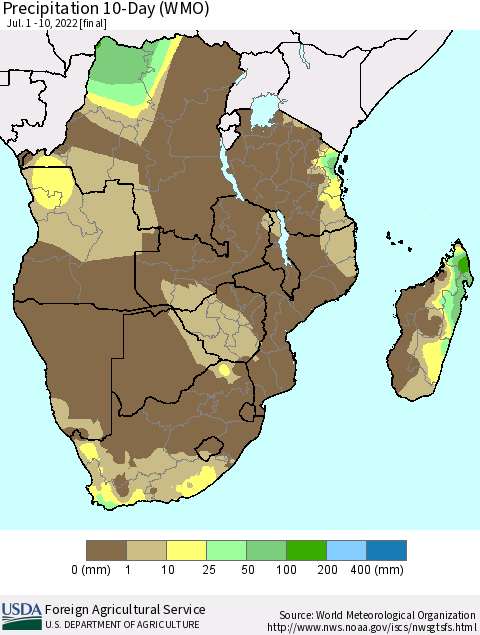 Southern Africa Precipitation 10-Day (WMO) Thematic Map For 7/1/2022 - 7/10/2022