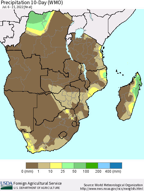 Southern Africa Precipitation 10-Day (WMO) Thematic Map For 7/6/2022 - 7/15/2022