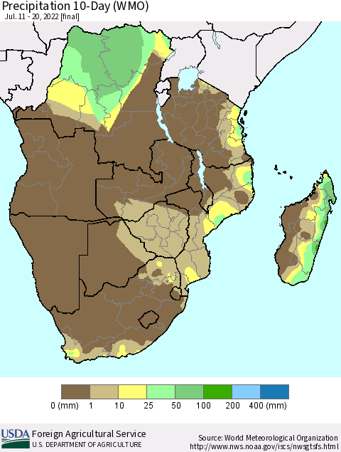 Southern Africa Precipitation 10-Day (WMO) Thematic Map For 7/11/2022 - 7/20/2022