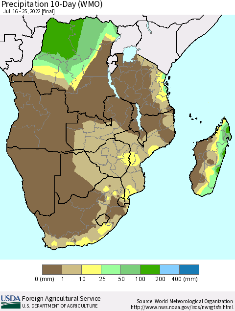 Southern Africa Precipitation 10-Day (WMO) Thematic Map For 7/16/2022 - 7/25/2022