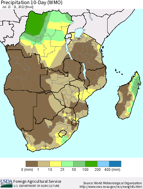 Southern Africa Precipitation 10-Day (WMO) Thematic Map For 7/21/2022 - 7/31/2022