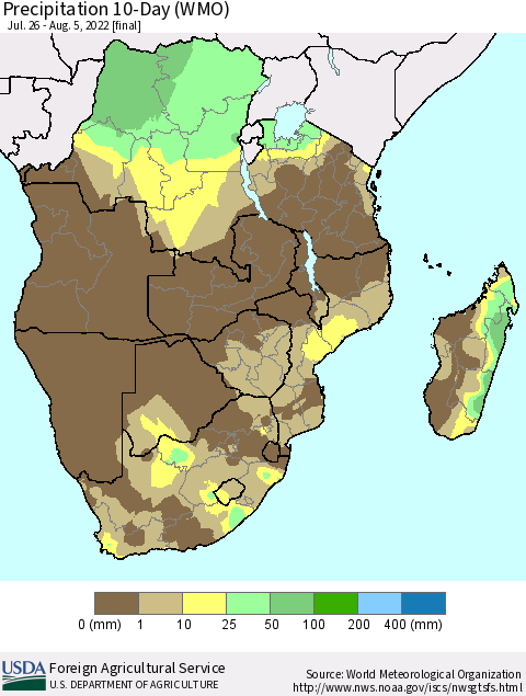 Southern Africa Precipitation 10-Day (WMO) Thematic Map For 7/26/2022 - 8/5/2022