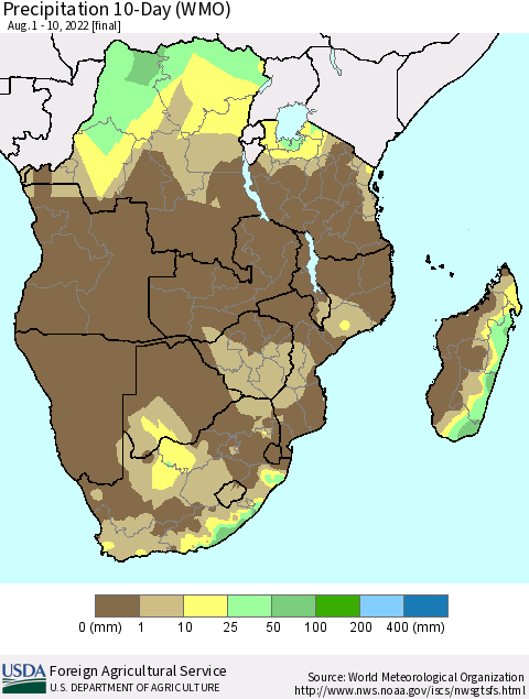 Southern Africa Precipitation 10-Day (WMO) Thematic Map For 8/1/2022 - 8/10/2022