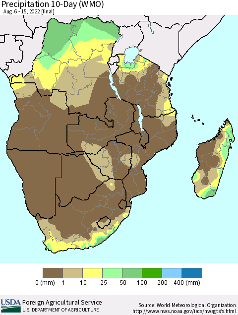Southern Africa Precipitation 10-Day (WMO) Thematic Map For 8/6/2022 - 8/15/2022