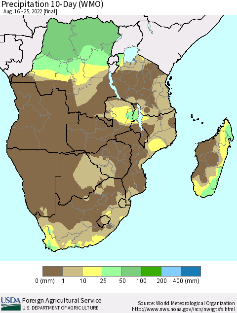 Southern Africa Precipitation 10-Day (WMO) Thematic Map For 8/16/2022 - 8/25/2022