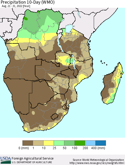 Southern Africa Precipitation 10-Day (WMO) Thematic Map For 8/21/2022 - 8/31/2022