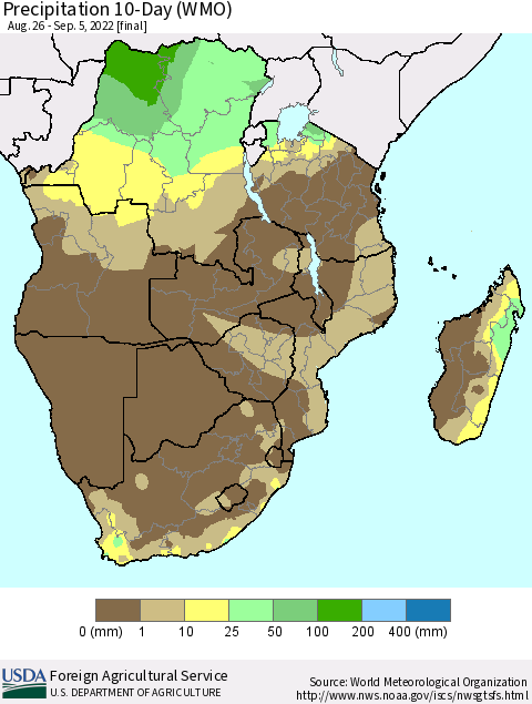 Southern Africa Precipitation 10-Day (WMO) Thematic Map For 8/26/2022 - 9/5/2022