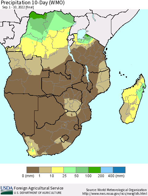 Southern Africa Precipitation 10-Day (WMO) Thematic Map For 9/1/2022 - 9/10/2022