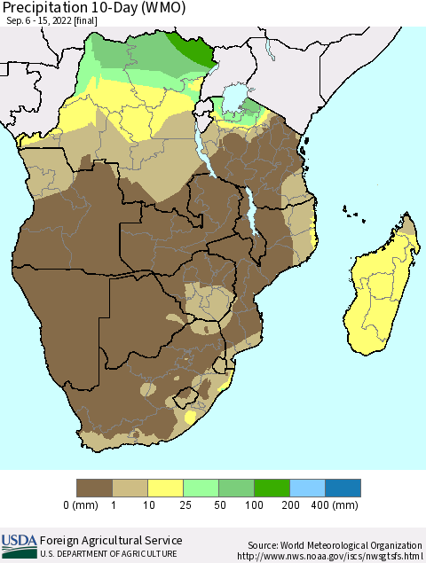Southern Africa Precipitation 10-Day (WMO) Thematic Map For 9/6/2022 - 9/15/2022