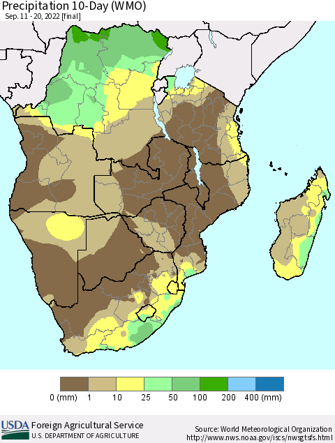Southern Africa Precipitation 10-Day (WMO) Thematic Map For 9/11/2022 - 9/20/2022