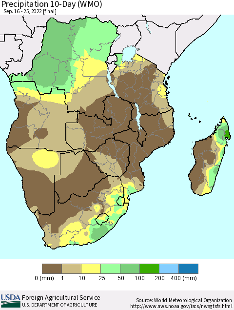 Southern Africa Precipitation 10-Day (WMO) Thematic Map For 9/16/2022 - 9/25/2022