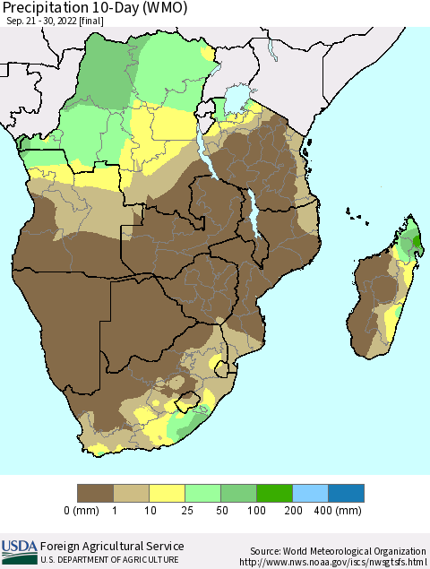 Southern Africa Precipitation 10-Day (WMO) Thematic Map For 9/21/2022 - 9/30/2022