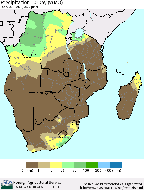 Southern Africa Precipitation 10-Day (WMO) Thematic Map For 9/26/2022 - 10/5/2022