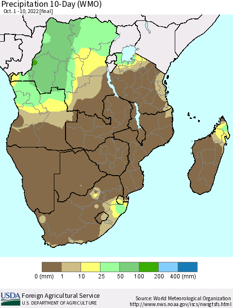Southern Africa Precipitation 10-Day (WMO) Thematic Map For 10/1/2022 - 10/10/2022