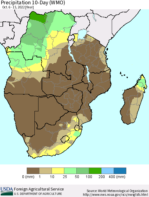 Southern Africa Precipitation 10-Day (WMO) Thematic Map For 10/6/2022 - 10/15/2022