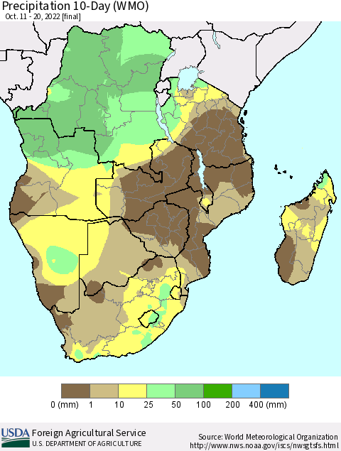 Southern Africa Precipitation 10-Day (WMO) Thematic Map For 10/11/2022 - 10/20/2022