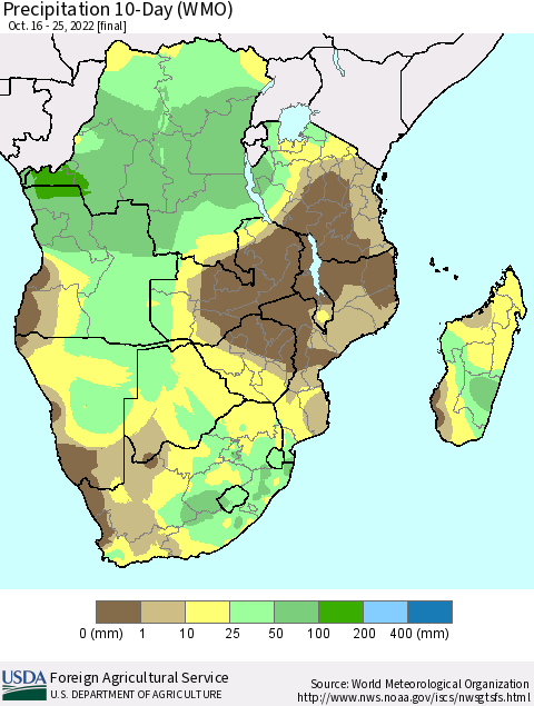 Southern Africa Precipitation 10-Day (WMO) Thematic Map For 10/16/2022 - 10/25/2022