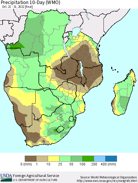 Southern Africa Precipitation 10-Day (WMO) Thematic Map For 10/21/2022 - 10/31/2022