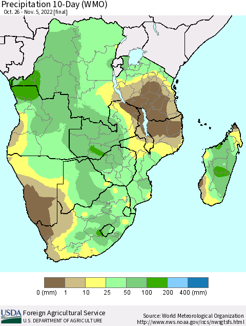Southern Africa Precipitation 10-Day (WMO) Thematic Map For 10/26/2022 - 11/5/2022