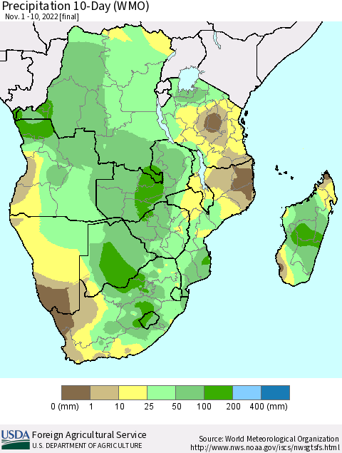 Southern Africa Precipitation 10-Day (WMO) Thematic Map For 11/1/2022 - 11/10/2022