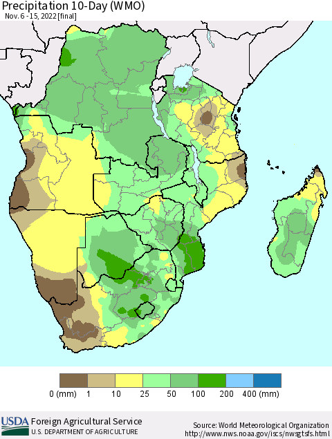 Southern Africa Precipitation 10-Day (WMO) Thematic Map For 11/6/2022 - 11/15/2022
