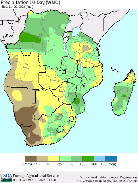 Southern Africa Precipitation 10-Day (WMO) Thematic Map For 11/11/2022 - 11/20/2022