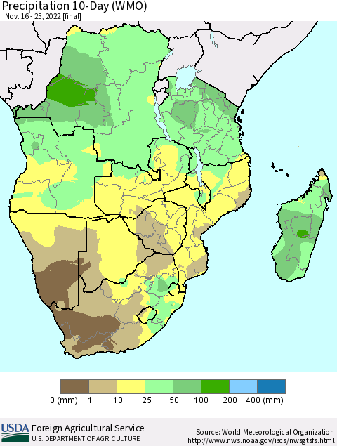 Southern Africa Precipitation 10-Day (WMO) Thematic Map For 11/16/2022 - 11/25/2022