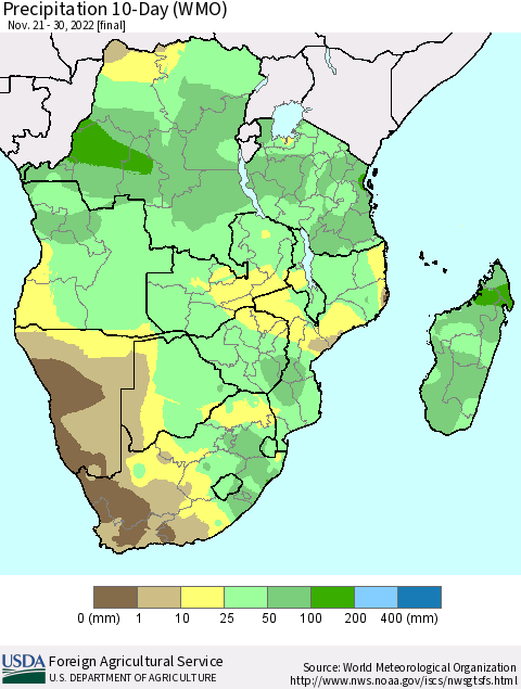 Southern Africa Precipitation 10-Day (WMO) Thematic Map For 11/21/2022 - 11/30/2022