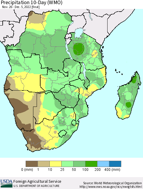 Southern Africa Precipitation 10-Day (WMO) Thematic Map For 11/26/2022 - 12/5/2022