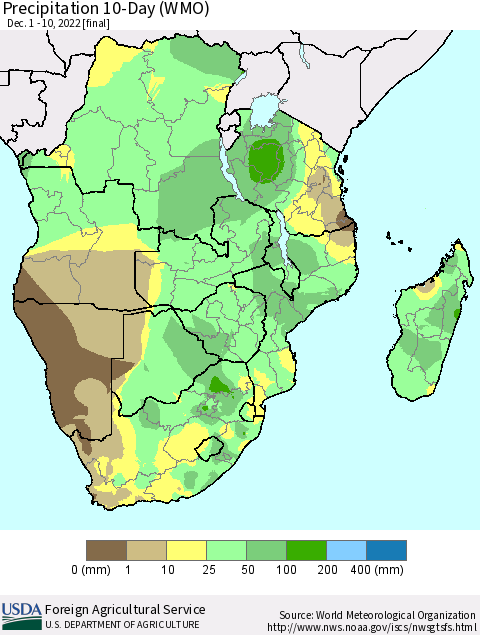 Southern Africa Precipitation 10-Day (WMO) Thematic Map For 12/1/2022 - 12/10/2022