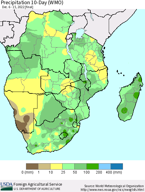 Southern Africa Precipitation 10-Day (WMO) Thematic Map For 12/6/2022 - 12/15/2022