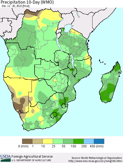 Southern Africa Precipitation 10-Day (WMO) Thematic Map For 12/11/2022 - 12/20/2022