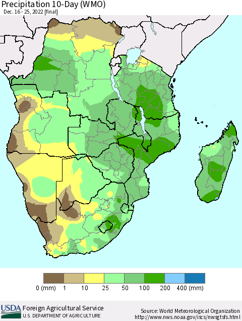 Southern Africa Precipitation 10-Day (WMO) Thematic Map For 12/16/2022 - 12/25/2022