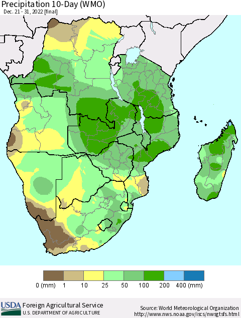 Southern Africa Precipitation 10-Day (WMO) Thematic Map For 12/21/2022 - 12/31/2022