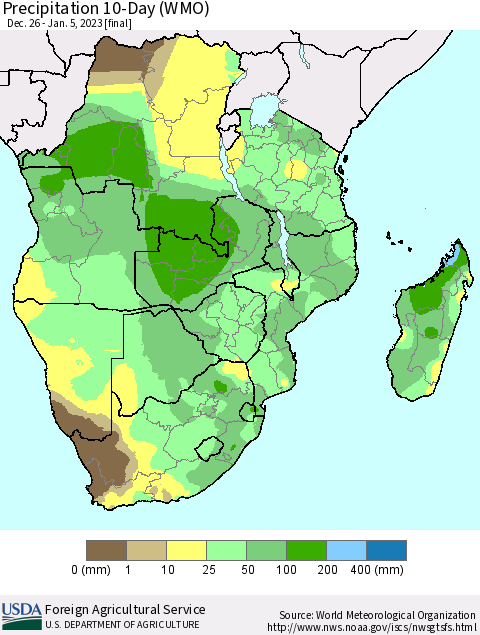 Southern Africa Precipitation 10-Day (WMO) Thematic Map For 12/26/2022 - 1/5/2023