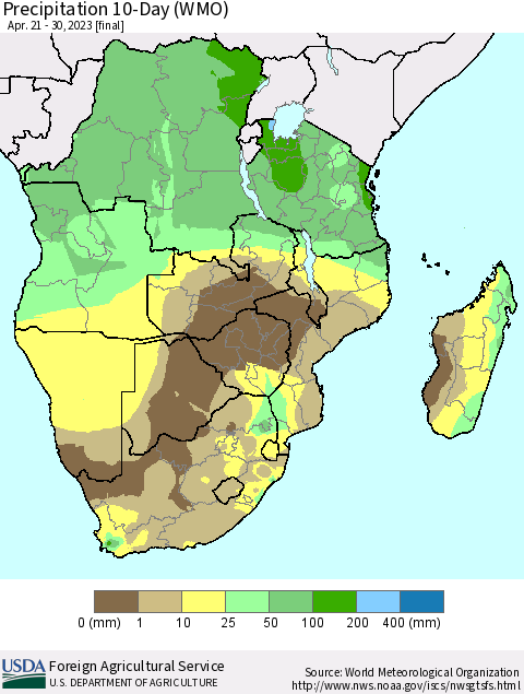 Southern Africa Precipitation 10-Day (WMO) Thematic Map For 4/21/2023 - 4/30/2023