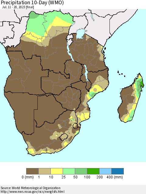 Southern Africa Precipitation 10-Day (WMO) Thematic Map For 7/11/2023 - 7/20/2023