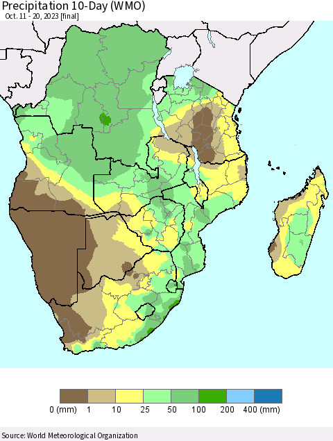 Southern Africa Precipitation 10-Day (WMO) Thematic Map For 10/11/2023 - 10/20/2023