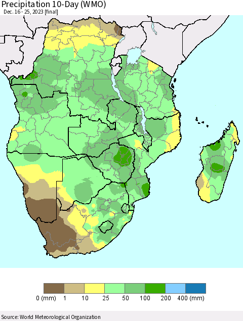 Southern Africa Precipitation 10-Day (WMO) Thematic Map For 12/16/2023 - 12/25/2023