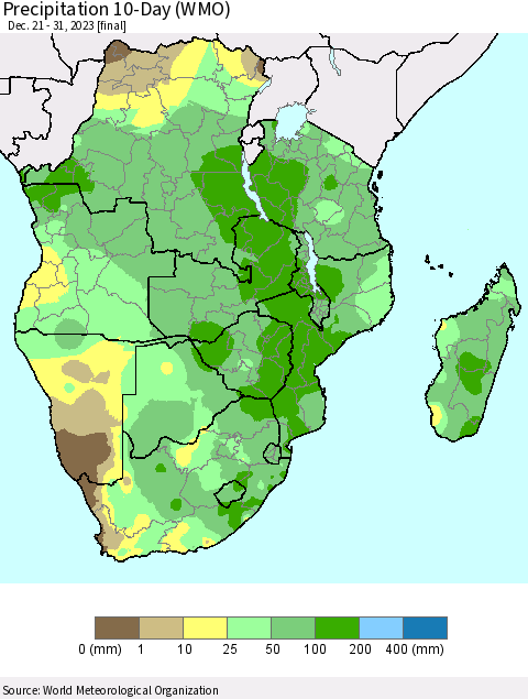 Southern Africa Precipitation 10-Day (WMO) Thematic Map For 12/21/2023 - 12/31/2023