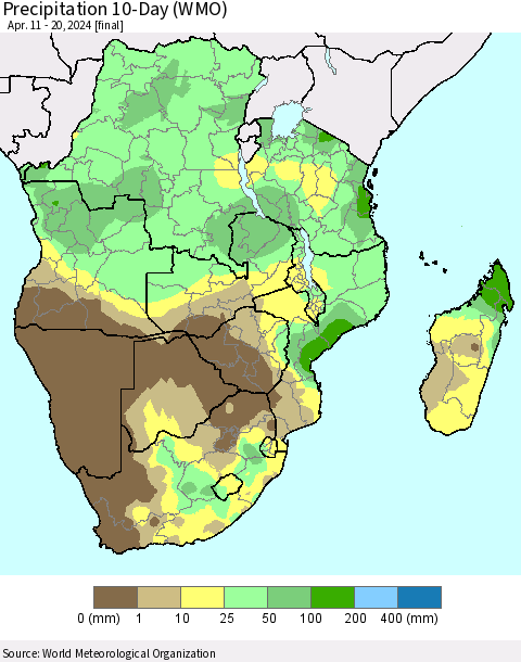 Southern Africa Precipitation 10-Day (WMO) Thematic Map For 4/11/2024 - 4/20/2024