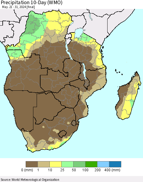 Southern Africa Precipitation 10-Day (WMO) Thematic Map For 5/21/2024 - 5/31/2024