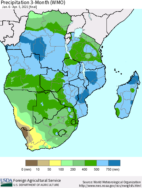 Southern Africa Precipitation 3-Month (WMO) Thematic Map For 1/6/2021 - 4/5/2021
