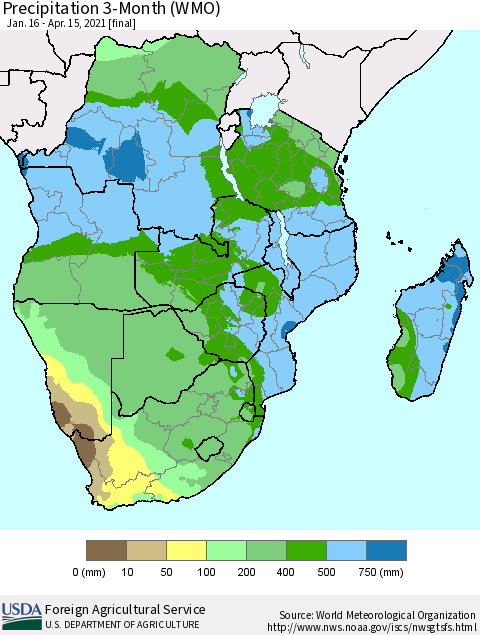 Southern Africa Precipitation 3-Month (WMO) Thematic Map For 1/16/2021 - 4/15/2021