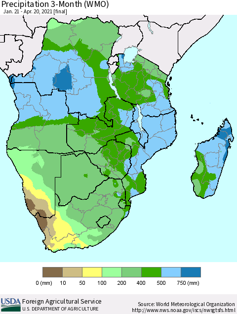 Southern Africa Precipitation 3-Month (WMO) Thematic Map For 1/21/2021 - 4/20/2021
