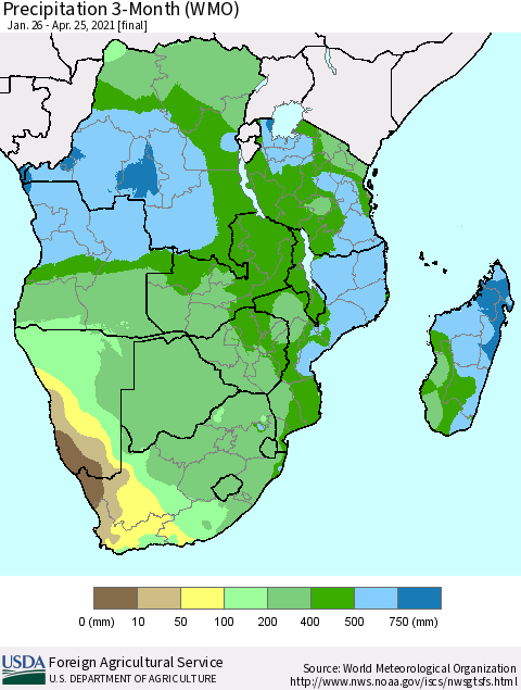 Southern Africa Precipitation 3-Month (WMO) Thematic Map For 1/26/2021 - 4/25/2021