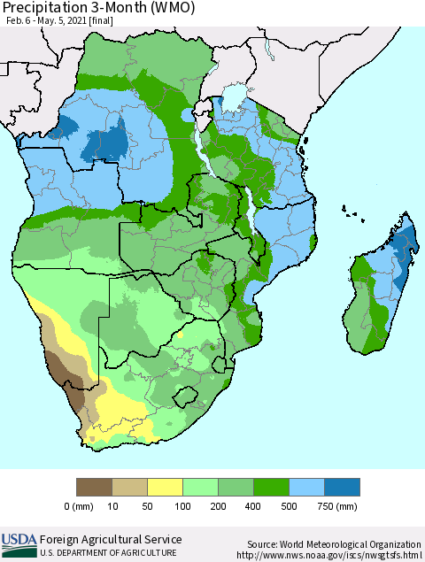 Southern Africa Precipitation 3-Month (WMO) Thematic Map For 2/6/2021 - 5/5/2021