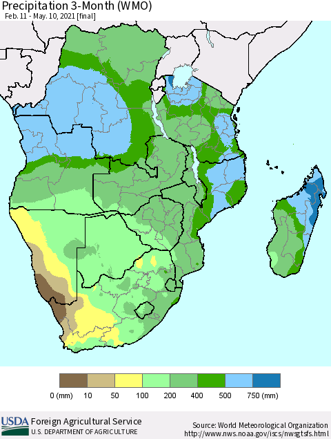 Southern Africa Precipitation 3-Month (WMO) Thematic Map For 2/11/2021 - 5/10/2021